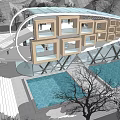 Modern Architectural Design With Glass Roof Geometric Facade Pool And Surrounding Trees