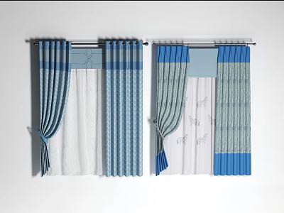 Blue And White Striped Curtains With Modern Design For Home Window Decor 3d model
