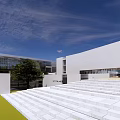 Modern White School Building With Geometric Facade Green Lawn Trees And Glass Windows