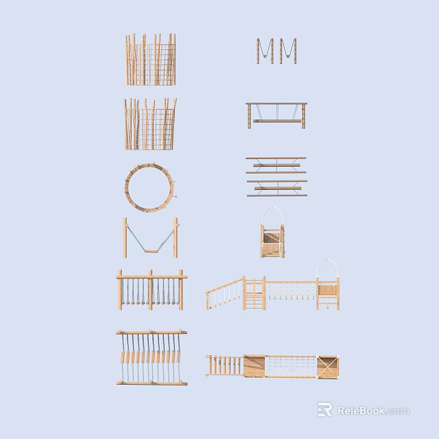 Wooden Outdoor Playground Equipment Featuring Swing Climbing Frame Railings And Rings 3d model 