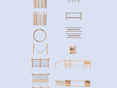 Wooden Outdoor Playground Equipment Featuring Swing Climbing Frame Railings And Rings 3d model