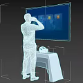 Tech Exhibition Hall Featuring Man Operating Large Interactive Screen With Colorful Icons And Headphones