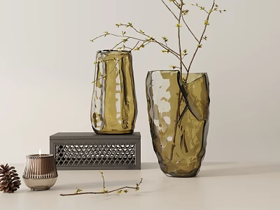 Minimalist Decorative Ornament Set With Glass Vases Black Lattice Box Branches Candle And Pinecone 3d model