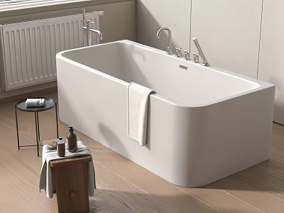 White Freestanding Bathtub With Side Table Towel And Wooden Stool In Modern Bathroom 3d model