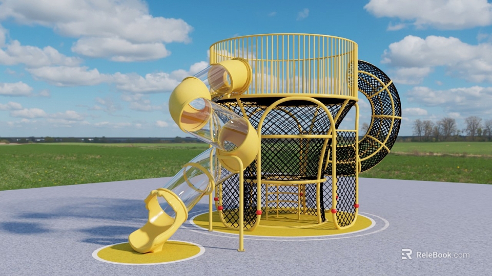 Outdoor Children's Playground Equipment With Yellow Slide Round Platform And Net Structure Design 3d model 