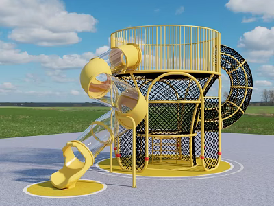 Outdoor Children's Playground Equipment With Yellow Slide Round Platform And Net Structure Design 3d model