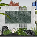 Stylish Garden Landscape With Decorative Stone Wall Lush Greenery Round Lights And Natural Rocks
