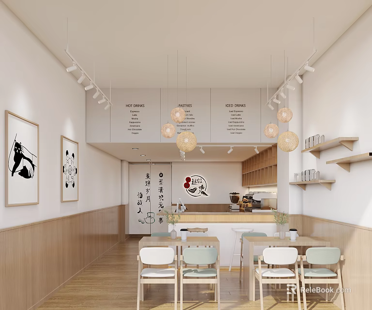 Cozy Milk Tea Shop Interior With Tables Chairs Art Paintings And Shelves 3d model 