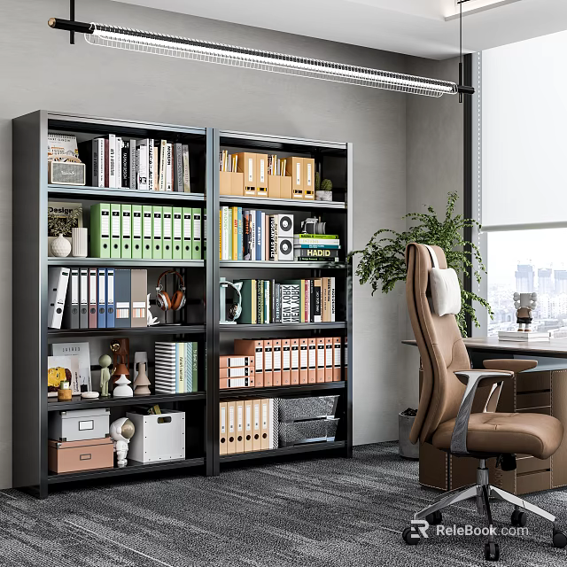 Black Modern Multi tiered Bookcase With Books Folders Decor Items And Plant In Office Space 3d model 
