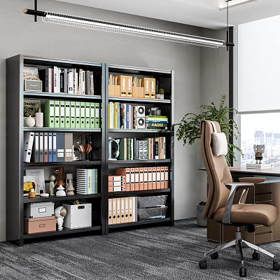Black Modern Multi tiered Bookcase With Books Folders Decor Items And Plant In Office Space 3d model