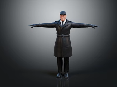 Human Character In Black Coat And Hat Standing With Arms Outstretched 3d model