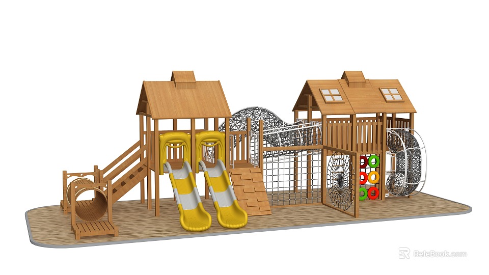 Outdoor Children's Playground With Wooden Playhouse Yellow Slides Climbing Net And Spinning Wheel 3d model 