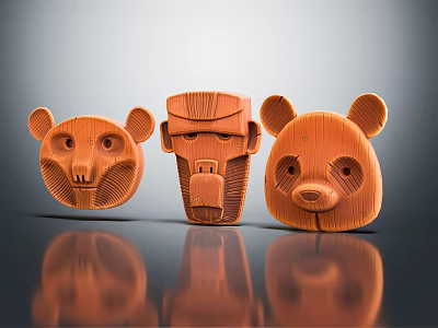 Textured Wooden Sculptures Of Animal Heads And Human Face With Reflective Surface 3d model