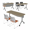 Modern Office Desk Design With Wooden Top Metal Legs And White And Orange Chairs