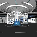 Modern Exhibition Hall With Futuristic Central Circular Structure And Blue Lighting Elements 3d model