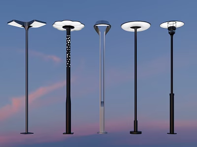 Modern Outdoor Street Lights With Diverse Designs Against Dusk Sky Background 3d model