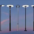Modern Outdoor Street Lights With Diverse Designs Against Dusk Sky Background