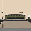 Modern Double Bed With Green Upholstered Headboard Beige Bedspread And Nightstands