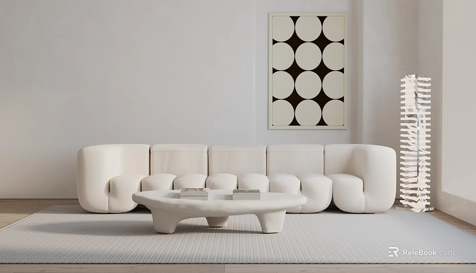 Modern White Sectional Sofa With Round Pattern Wall Art And Coffee Table On Light Colored Rug 3d model 