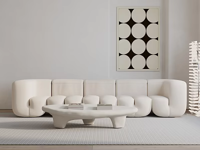 Modern White Sectional Sofa With Round Pattern Wall Art And Coffee Table On Light Colored Rug 3d model