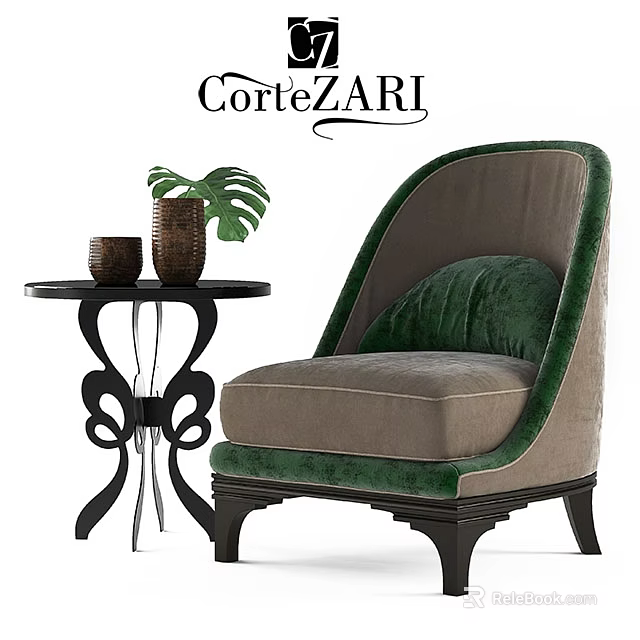 Luxury Green Accent Chair With Soft Cushion And Side Table With Vases And Monstera Leaf 3d model 
