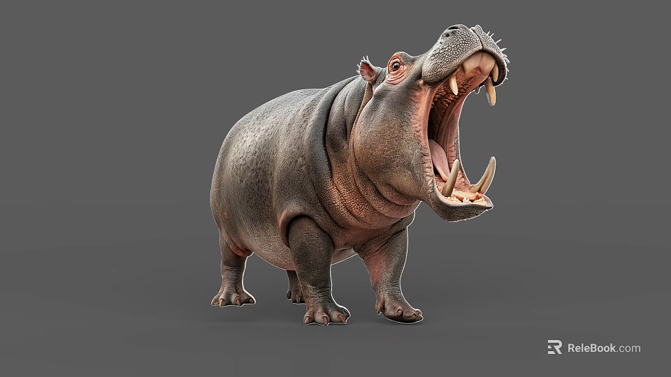 Hippopotamus Aquatic Animal With Open Mouth And Sharp Teeth Standing On Gray Background 3d model 