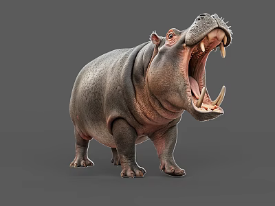 Hippopotamus Aquatic Animal With Open Mouth And Sharp Teeth Standing On Gray Background 3d model