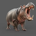 Hippopotamus Aquatic Animal With Open Mouth And Sharp Teeth Standing On Gray Background