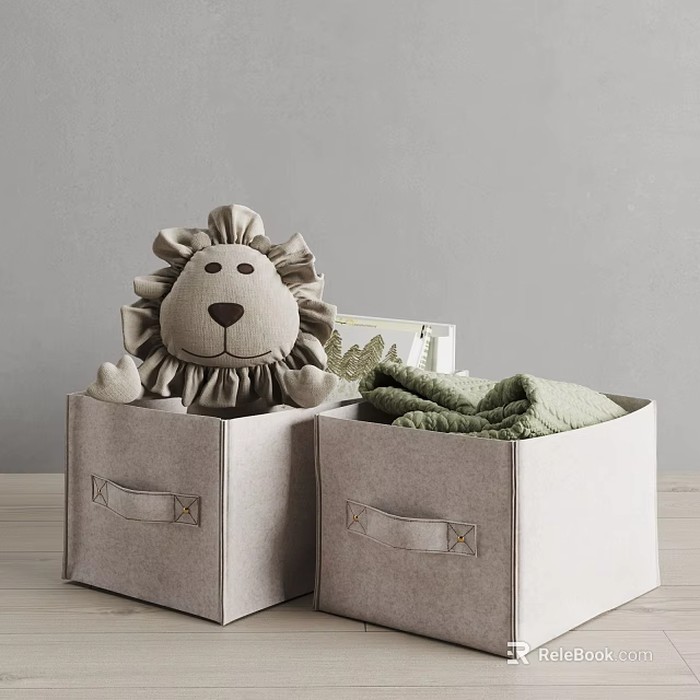 Gray Fabric Storage Baskets With Handles Holding Lion Plush And Green Clothes 3d model 