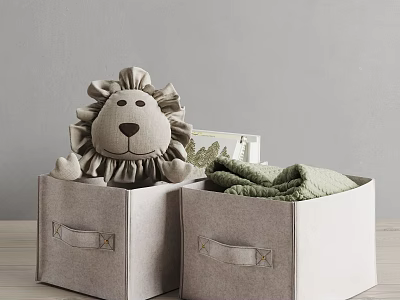 Gray Fabric Storage Baskets With Handles Holding Lion Plush And Green Clothes 3d model