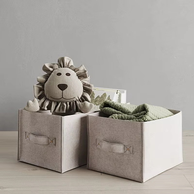 Gray Fabric Storage Baskets With Handles Holding Lion Plush And Green Clothes 3d model