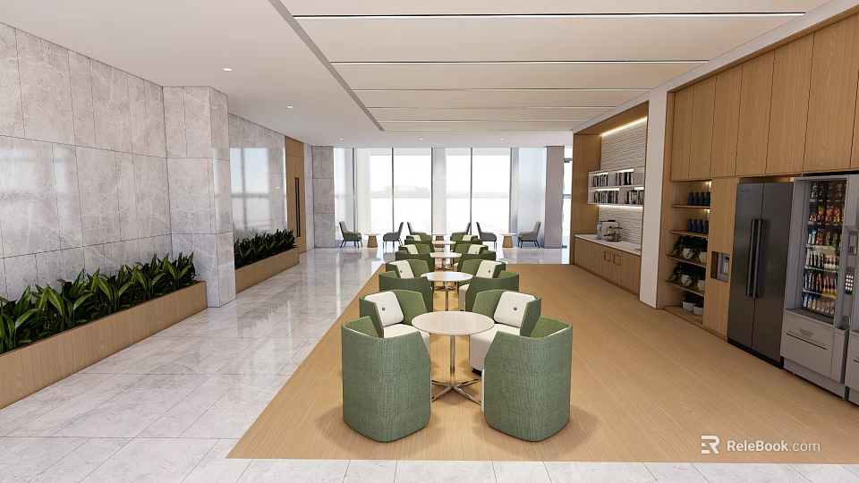 Modern Break Room With Open Design Large Windows Green Sofas Round Tables Wooden Cabinets Plants 3d model 