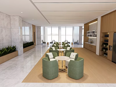 Modern Break Room With Open Design Large Windows Green Sofas Round Tables Wooden Cabinets Plants 3d model