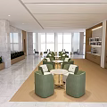 Modern Break Room With Open Design Large Windows Green Sofas Round Tables Wooden Cabinets Plants