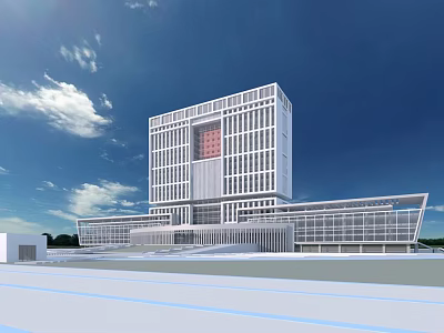 Modern Office Building Architectural Design With White Exterior Glass Curtain Wall And Blue Sky 3d model