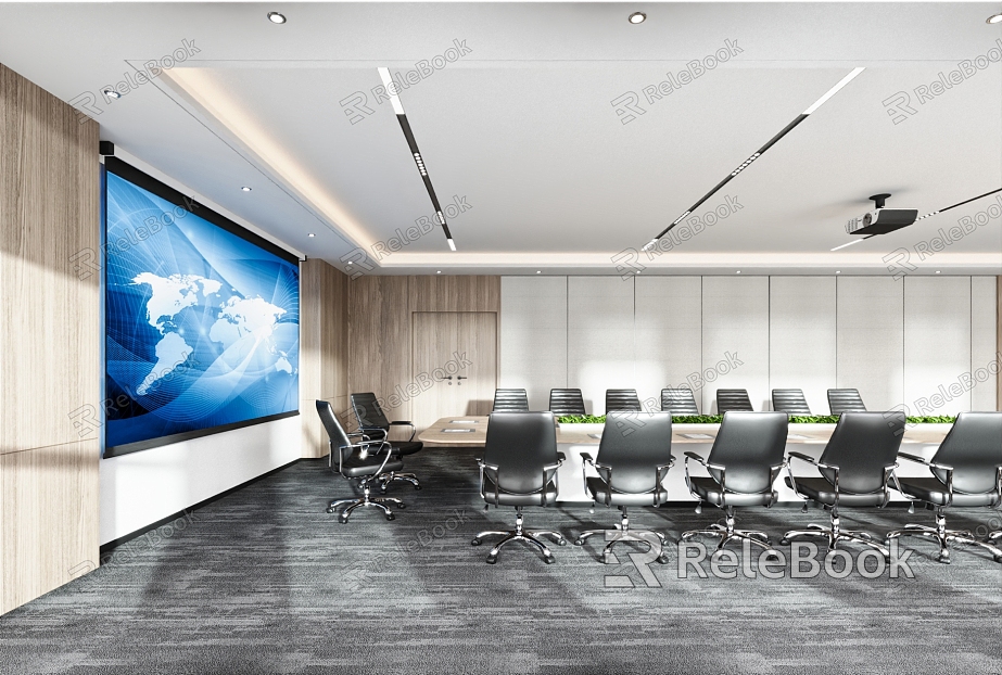 Modern Conference Room Conference Table Office Chair Office Desk Projection Curtain Projector Decorative Background Wall model