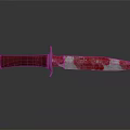 Knife with brown handle and red white striped blade on gray background with reflection