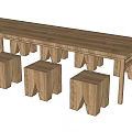 Natural Solid Wood Long Table And Matching Stools Set For Dining Space