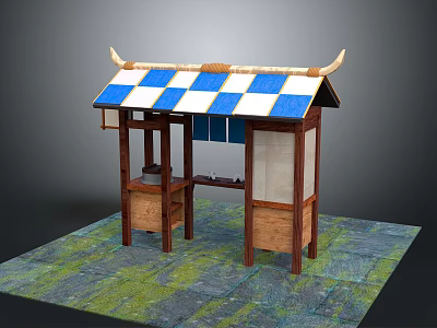 Traditional Wooden Pavilion Structure With Blue White Checkered Roof And Display Counter 3d model