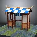 Traditional Wooden Pavilion Structure With Blue White Checkered Roof And Display Counter