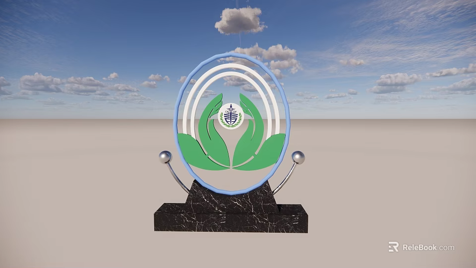 Garden Ornament With Circular Design Green Leaves Silver Spherical Decorations And Black Marble Base 3d model 