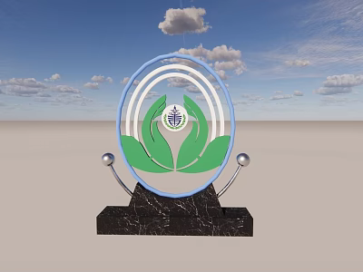 Garden Ornament With Circular Design Green Leaves Silver Spherical Decorations And Black Marble Base 3d model