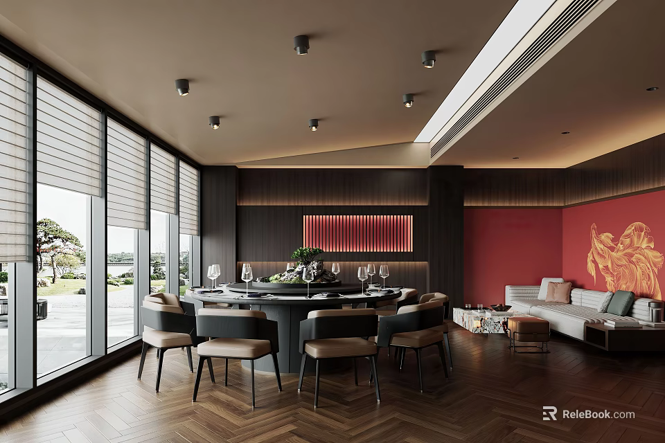 Modern Private Dining Room With Round Table Red Wall Large Windows Herringbone Wood Floor 3d model 