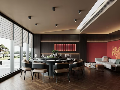 Modern Private Dining Room With Round Table Red Wall Large Windows Herringbone Wood Floor 3d model