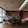 Modern Private Dining Room With Round Table Red Wall Large Windows Herringbone Wood Floor 3d model