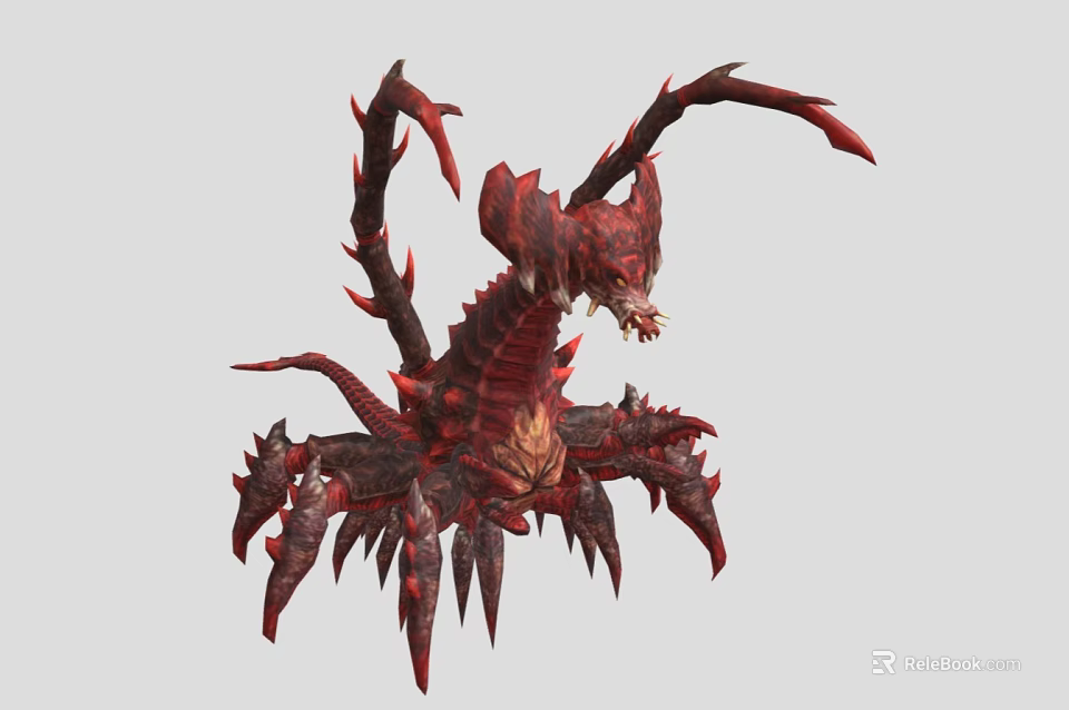 Red and Crimson Fantasy Monster Featuring Multiple Limbs Sharp Claws and Spiked Structures 3d model