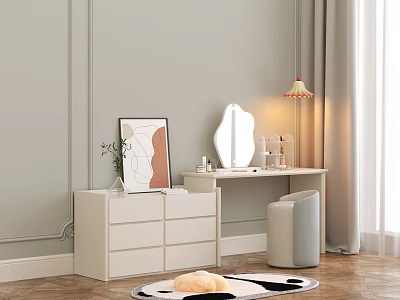 White Vanity Table With Curved Mirror Gold Lamp And Gray Stool On Wooden Floor 3d model