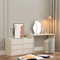 White Vanity Table With Curved Mirror Gold Lamp And Gray Stool On Wooden Floor