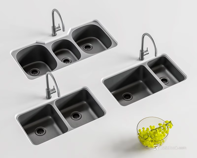 Black Double Bowl Kitchen Sinks With Faucet In Modern Kitchen Setup 3d model 