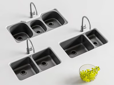 Black Double Bowl Kitchen Sinks With Faucet In Modern Kitchen Setup 3d model